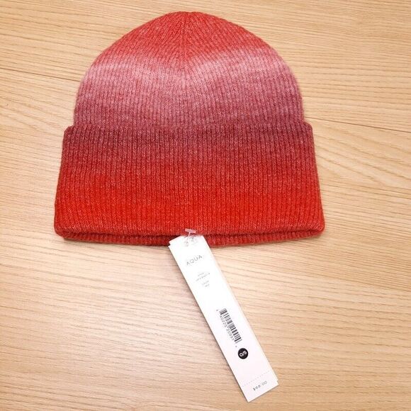 AQUA Beanie Hat Womens Red Ombre Stripe Space Dye Ribbed Cuff Stretch $68 - Picture 2 of 5